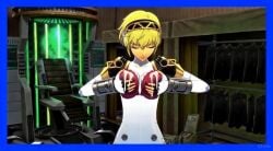 ai_generated aigis_(persona) android android_girl blonde_hair blue_eyes blush cum_drip cum_on_body cum_on_breasts grok grok_imagine jiggling_breasts lace-trimmed_bra medium_breasts panting persona persona_3 playing_with_breasts post-orgasm red_bra robot_girl sexbot tagme video