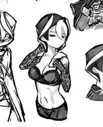 body_markings bra cleavage emotionless expressionless female female_only kingjoshuaart made_in_abyss medium_breasts monochrome ozen short_hair sketch sketch_page solo towel_around_neck two-tone_hair