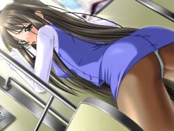 2000s_(style) against_door ass black_hair blue_skirt blue_vest blush breasts cowboy_shot dutch_angle female game_cg green_eyes half-closed_eyes hands_up kawahara_emi large_variant_set leaning_forward long_hair long_sidelocks m&m_(mickey_and_mackey) medium_breasts panties panties_under_pantyhose pantyhose pencil_skirt raised_inner_eyebrows saishu_chikan_densha_(series) saishuu_chikan_densha shirt sidelocks skirt solo standing third-party_source train_interior underwear variant_set vest white_panties white_shirt