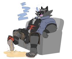 anthro areola balls beard belly_hair big_areola big_penis body_hair chair chest_hair clothing excessive_urine facial_hair felid feline footwear furniture generation_7_pokemon genitals hi_res huge_cock incineroar male mammal mature_male musclegut muscular nintendo nipples on_chair overweight overweight_anthro overweight_male pawpads peeing penis piss_puddle pokemon pokemon_(species) saggy_balls sandals shoes sleep_bubble sleeping solo sound_effects stinkdierr unbuttoned_pants vein veiny_penis vowelless vowelless_sound_effect zzz