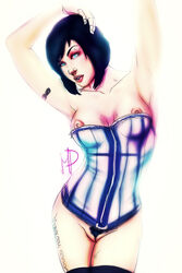 2014 bioshock bioshock_infinite black_hair blue_eyes busty corset elizabeth_comstock hourglass_figure looking_at_viewer mobilepron pale-skinned_female pubes pubic_hair pussy solo stockings tagme tattoo vagina wide_hips