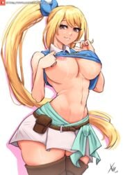 1girls areolae artist_signature belt belt_pouch big_breasts blonde_hair breasts brown_eyes cropped_legs fairy_tail female female_only hair_ribbon huge_breasts large_breasts long_hair lucy_heartfilia miniskirt no_bra patreon_username plain_background ponytail shirt_lift skirt sleeveless_shirt solo_focus tagme thick thick_thighs thigh_boots underboob xhaart