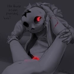 arched_back bent_over bite bite_mark biting_leg black_and_white blank_character blood_stain bulge creepy creepy_smile dubious_consent glowing_bulge glowing_eyes glowing_penis gore gripping groping horrortale huge_cock hungry leg_grab legs_spread legs_up light_gore male/female male_focus male_on_top nonconsensual pain painful raped_by_monster sadfloow sans self-insert self_insert skeleton stomach_bulge sweat undertale violation