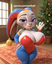 ai_generated anthro big_breasts bimbo breasts bunny bunny_ears bunny_girl bursting_breasts cleavage cleavage_cutout enormous_breasts female furry giant_breasts gigantic_breasts huge_breasts hyper_breasts jester jester_hat jester_outfit judy_hopps large_breasts lingerie matriksai party rabbit seductive selfie zootopia zootopia_2
