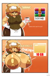 baker blush bow bread bread_girl breadna_(tkd) breast_expansion breasts brown_hair brown_nipples chef_hat coffee coffee_mug drink enf english expansion food food_creature food_girl food_humanoid freckles gloves growth huge_areolae huge_breasts meme oerba_yun_fang ripped_clothing ripped_shirt shocked shocked_expression sudden_expansion sudden_growth text_box tkd trend twintails