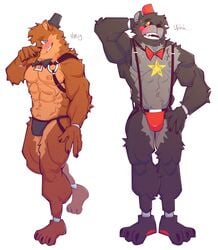 2boys abs absurd_res animatronic anthro at3mask biceps black_body black_fur black_nose black_skin blue_eyes blush blushed blushing brown_body brown_fur brown_skin clothed clothing five_nights_at_freddy's freddy_(fnaf) freddy_fazbear's_pizzeria_simulator fur grey_body grey_fur grey_skin headgear headwear hi_res lefty_(fnaf) looking_at_viewer looking_up male male/male male_only mammal muscles muscular muscular_anthro muscular_male nipples open_mouth pecs sharp_teeth simple_background teeth tongue top_hat ursid video_games white_background yellow_eyes