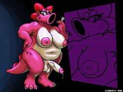 2025 anthro areola balls belly big_areola big_belly birdo bow_accessory claws cosmikizone countershading eyelashes finger_claws gem genitals gesture gynomorph hand_gesture hand_on_hip hi_res intersex looking_at_viewer mario_(series) mostly_nude_anthro mostly_nude_gynomorph navel nintendo obese obese_anthro obese_gynomorph obese_intersex overweight overweight_anthro overweight_gynomorph overweight_intersex penis pointing pointing_at_self ring_(jewelry) saggy_balls scalie siphon_(anatomy) solo thick_thighs toe_claws vein veiny_penis