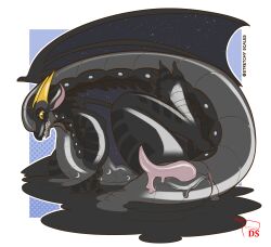 absurd_res anus black_body black_scales coming_from_puddle dark_body dark_scales digitalscales digitigrade dragon dragon_paws dripping european_mythology fangs feral genitals gesture glistening glossy_body goo_creature hand_gesture hi_res horn legs_up living_latex long_tail looking_at_viewer lying male malleable_body melting melting_body melting_limbs multicolored_body mythological_creature mythological_scalie mythology nightwing_(wof) on_side paws penis pointing pointing_at_penis pointing_at_self pose puddle raised_tail reptile scales scalie slit_penis smile smiling_at_viewer solo spread_wings tail teeth western_dragon wings wings_of_fire yellow_horn