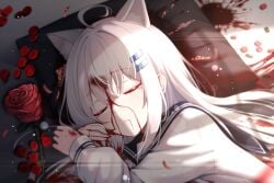 ahoge animal_ear_fluff animal_ears blood blood_on_bed blood_on_clothes blood_on_face blood_on_hands blood_on_mouth blood_on_pillow blush bullet cat_ears cat_girl cat_tail commentary_request corpse dying execution female flower furrowed_brow guro hair_ornament hairclip hand_on_own_face highres linjia_kaidi on_bed original parallel_hairclips pill pillow red_flower red_rose rose ryona sunlight tail variant_set white_hair white_tail