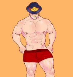abs adult biceps big_chest big_pecs big_thighs boxers brawl_stars bulge bulge_through_clothing bulge_through_underwear chest clean clean_shaven gale_(brawl_stars) gay huge_chest huge_pecs huge_thighs muscular muscular_male old pecs pulling_down_shorts pulling_down_underwear red_boxers steampunk thick_thighs undressing v_line white_hair yaoi