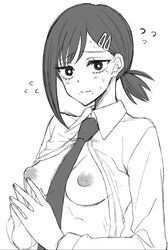 black_hair breasts chainsaw_man clothed female flying_sweatdrops formal formal_attire formal_clothes formal_wear girl_in_suit greyscale hair_ornament hairclip higashiyama_kobeni highres image inverted_nipples mole mole_under_eye mole_under_mouth monochrome necktie nervous open_clothes open_shirt shirt short_ponytail solo sou_(mgn) suit suit_and_tie sweat tie woman_in_suit