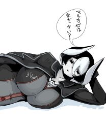 abeyakinn big_breasts black_and_white_hair black_eyes cleavage expressionless female female_only fully_clothed hair_between_eyes huge_breasts japanese_text looking_at_viewer lying_on_side made_in_abyss on_side ozen short_hair solo two-tone_hair white_body white_skin