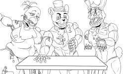 2025 animatronic anthro ass avian barrybensonberry bear bib bird bonnie_(fnaf) breasts chica_(fnaf) chicken clothing destroyed_clothing digital_drawing_(artwork) digital_media_(artwork) exposed_endoskeleton exposed_wires female five_nights_at_freddy's five_nights_at_freddy's_2 freddy_(fnaf) freddy_fazbear's_pizzeria_simulator fur furniture galliform group headgear headwear hi_res lagomorph leporid line_art machine male mammal monochrome muscular muscular_anthro muscular_male nipples nude overweight phasianid rabbit robot scottgames table teeth trio widescreen withered_bonnie withered_chica withered_freddy