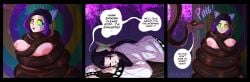1boy 2girls black_hair butterfly_hair_ornament choking cleavage coiling coils comic confused crossover demon_slayer demon_slayer_uniform drooling eastern_and_western_character english_text fat_tits femsub gulp hair_intakes hair_ornament hypnosis jungle kaa kaa_eyes kimetsu_no_yaiba kimono kochou_kanae kochou_shinobu large_breasts long_hair maledom mind_control mindless nipples open_mouth orkart outdoors purple_hair short_hair smile snake the_jungle_book topless unaware