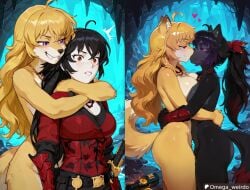 2girls ai_generated big_breasts black_hair blush cave embrace embracing embracing_another evil evil_grin evil_smile floating_heart furry furry_female furry_girl furry_on_human grin hair_ribbon half_closed_eyes kissing long_hair multiple_views omega_weirdo patreon ponytail purple_eyes raven_branwen red_eyes rwby smug surprised surprised_expression sweat wavy_hair wolf_ears wolf_girl wolf_humanoid wolf_tail yang_xiao_long yellow_hair