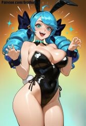 :d ahoge ai_generated animal_ears bangs bare_legs bare_shoulders black_bow black_leotard blue_hair blue_nails bow breasts cleavage covered_navel cowboy_shot detached_collar drill_hair erothus fake_animal_ears fake_tail female gradient gradient_background green_eyes gwen_(league_of_legends) hairbow hands_up highleg highleg_leotard large_breasts league_of_legends leotard long_hair looking_at_viewer nail_polish open_mouth playboy_bunny rabbit_ears rabbit_tail riot_games shiny shiny_skin smile solo strapless strapless_leotard tail teeth twin_drills twintails upper_teeth wrist_cuffs