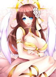 1girls angel angel_wings blue_eyes blush breasts brown_hair cleavage female flower hair_ornament highres large_breasts long_hair looking_at_viewer original revealing_clothes sitting smile solo white_wings wings yutazou