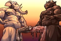abs aged_up anthro avalath_tiger balls beard bodily_fluids bovid bovine buceps cattle docking dominant elephant elephantid facial_hair facial_piercing foreskin genital_fluids genitals glans glistening glistening_body glistening_genitalia glistening_skin hi_res mammal moustache muscular muscular_anthro nipple_piercing nipples nose_piercing nose_ring pecs penile penis piercing precum proboscidean ring_piercing saggy_balls septum sex sweat vein veiny_muscles