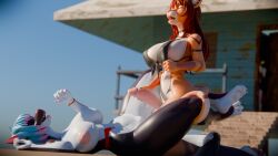 16:9 3d 4k aak_(arknights) absurd_res ahe_gao anthro arknights ashley_(mutagen) beach big_breasts bikini bikini_top blue_hair bodily_fluids breasts brown_hair caracal caracal_(genus) cetacean cleavage clothed clothing cum cum_on_body curvy_figure dolphin dominant duo felid feline female fur genital_fluids genitals grey_eyes gynomorph gynomorph/female hair hand_on_penis hi_res hypergryph intersex intersex/female leg_around_partner looking_pleasured lying mammal marine markings moan multicolored_body nipples nude oceanic_dolphin on_back orange_body orange_eyes orange_fur orca penis public public_sex sea sex sky snoople spying striped_body striped_fur striped_markings stripes studio_montagne swimwear tongue tongue_out toothed_whale two-piece_swimsuit two_tone_body voyeur water wide_hips widescreen zea_nalya