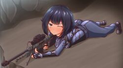 aiming amber_eyes black_hair bodysuit commission dark-skinned_female dark_skin halo_(game) halo_(series) mia-b013 military_clothing military_uniform one_eye_closed prone prone_position scifi sniper sniper_rifle sonicphu spartan_(halo) spartan_iii_(halo) tight_clothing