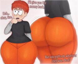 1boy 7987lock aged_up big_ass black_shirt braces comedy_central english_text freckles freckles_on_face from_behind huge_ass huge_ass_(male) large_ass long_sleeves male male_ass multiple_views open_mouth orange_pants rear_view red_eyebrows red_hair red_hair　short_hair scott_tenorman solo south_park standing text thick_thighs white_sleeves wide_hips