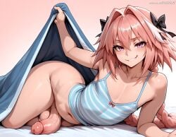 1femboy abs ai_generated armpits astolfo_(fate) bed big_penis birrchyart blanket bow braid camisole fate/grand_order fate_(series) femboy femboy_only flat_chest huge_cock inviting lifting_blanket lifting_covers lying on_bed on_side otoko_no_ko
