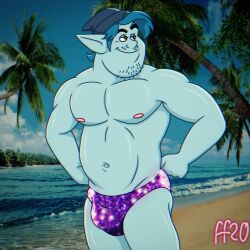 1boy 2020 barley_lightfoot beach beanie black_beanie blue_hair bulge dated disney elf fabfelipe gay male male_only muscular nipples onward_(2020) photo_background pixar purple_speedo solo speedo tagme yaoi