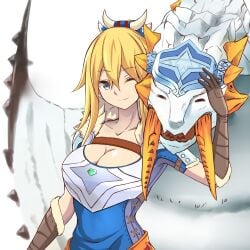 avinia_(monster_hunter) ayuria barioth big_breasts blonde_hair blue_eyes cleavage female frostfang monster monster_hunter monster_hunter_(series) monster_hunter_stories_2:_wings_of_ruin one_eye_closed zone25388591