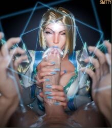 :>= blonde_hair blowjob blue_eyes blue_lipstick cum cum_in_mouth emma_frost emma_frost_(marvel_rivals) femdom malesub marvel marvel_rivals mind_control mutant smitty34 tagme