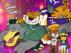 4:3 anal anal_sex anthro ass avian backsack balls bird bite biting_lip bobblehead duo felid fur genitals glistening glistening_balls glistening_butt glistening_genitalia grey_body hi_res lsu_tigers male male/male mammal mascot mike_the_tiger multiple_angles ncaa onikuma_(artist) pantherine pelecaniform pelican penetration penile penile_penetration penis_in_ass rear_view riptide_the_pelican striped_body striped_fur stripes tiger tulane_green_wave vein veiny_balls