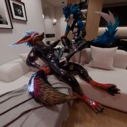 3d_(artwork) abs absurd_res animal_genitalia animal_penis ankh anthro armwear balls black_latex blue_body blue_eyes blue_fur blue_penis bodily_fluids brown_body brown_fur brown_sheath canine_genitalia canine_penis claws clothed clothing cuffs_(clothing) cum cum_on_feet deity digit_ring digital_media_(artwork) duo egyptian endoras endoras_(character) erection feet foot_fetish foot_focus foot_play footjob fur furniture genital_fluids genitals glistening glistening_body hair hi_res huge_filesize isaacjexo jewelry jex latex latex_armwear latex_clothing latex_legwear latex_skinsuit legwear male male/male multicolored_body multicolored_fur multicolored_hair muscular muscular_male on_sofa pawpads paws penile penis red_body red_fur reflection rexouium ring sex sheath sitting sitting_on_sofa skinsuit sofa tail tight_clothing toe_claws toe_ring toes tongue tongue_out