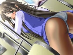 2000s_(style) against_door ass black_hair blue_skirt blue_vest blush breasts clothes_lift cowboy_shot dutch_angle female game_cg green_eyes half-closed_eyes hands_up kawahara_emi large_variant_set leaning_forward long_hair long_sidelocks m&m_(mickey_and_mackey) medium_breasts panties panties_under_pantyhose pantyhose pencil_skirt raised_inner_eyebrows saishu_chikan_densha_(series) saishuu_chikan_densha shirt sidelocks skirt skirt_lift solo standing third-party_source train_interior underwear variant_set vest white_panties white_shirt