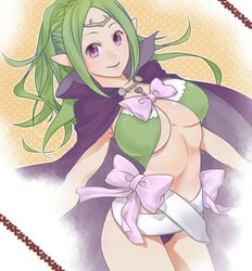 1girls alternate_version_available bow breasts cape circlet cleavage female fire_emblem fire_emblem_awakening green_hair jewelry large_breasts long_hair looking_at_viewer mamkute mamoru_(pixiv) nintendo nowi_(fire_emblem) older pendant pointed_ears ponytail purple_eyes smile solo tied_hair violet_eyes