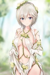 anastasia anastasia_(idolmaster) blue_eyes dress dress_lift flower gloves idolmaster idolmaster_cinderella_girls revealing_clothes silver_hair vines white_gloves white_hair