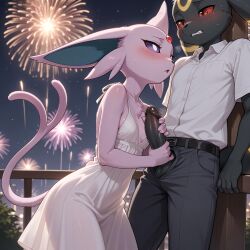 1boy 1girls adolescent against_surface ai_generated anthro balcony blush bodily_fluids boy breasts eeveelution elegant_clothes elegant_dress embarrassed espeon female fireworks first_time girl handjob heat horny horny_female male masturbation masturbation_onto_another new_year new_year_2026 night outdoors pants pants_open penis pokemon pokemon_(species) precum precum_on_penis serbm shirt small_breasts umbreon white_dress