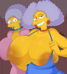 2girls big_areola big_breasts breasts detnox exposed_breasts female female_only lips multiple_girls patty_bouvier purple_hair selma_bouvier smile the_simpsons voluptuous yellow_skin