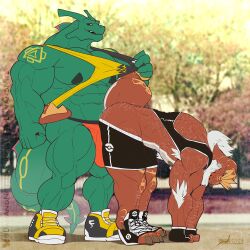 abs anthro arm_tattoo armpit_hair athletic_wear bent_over big_bulge body_hair bulge danandnite dinosaur dragon duo fossil_pokemon generation_3_pokemon generation_6_pokemon grey_body_hair huge_bulge legendary_pokemon male male/male mature_male muscular muscular_anthro muscular_male mythological_creature mythological_scalie mythology nintendo nipples pecs pokemon pokemon_(species) prehistoric_species rayquaza reptile scalie shoulder_tattoo tail_wrapped_around_body tattoo teasing tyrantrum