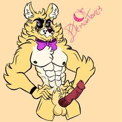 2021 abs balls bow_tie bowtie brown_nose demantonyx five_nights_at_freddy's fluffy fluffy_hair fredbear_(fnaf) furry gay hi_res long_penis looking_away multicolored_body multicolored_fur muscles muscular muscular_male nipples penis simple_background smile smiling vein veiny_penis white_eyes white_fur yaoi yellow_background yellow_body yellow_fur