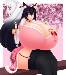 1girls :p bell_collar black_hair breasts breasts_bigger_than_head bursting_breasts cleavage collar dango ear_piercing ear_ring earrings eating female fox fox_ears fox_tail fur_scarf gigantic_breasts gold_earrings hair_ornament hairpin hyper kitsune long_hair long_sleeves looking_at_viewer nail_polish nails nanouw pink_clothing red_nails sitting solo_female stockings tail tails thick_thighs thighs tongue tongue_out yukata