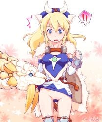 ! !! 10s artist_name assisted_exposure average_breasts avinia_(monster_hunter) ayuria barioth blonde_hair blue_eyes blush bone_hair_ornament bottomless breasts cape clothes_lift dress dress_lift elbow_gloves fangs female frostfang fur_trim gloves hair_ornament long_hair monster_hunter monster_hunter_(series) monster_hunter_stories no_panties open_mouth ponytail pussy skintight_clothing sleeveless sleeveless_dress souko_souji speech_bubble sweatdrop thigh_gap thought_bubble wavy_mouth