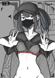 black_hair bra cam_(the_otachan_show) collarbone face_mask hat hourglass_figure lace-trimmed_bra lifted_shirt lilfruittea looking_at_viewer mask midriff no_panties partially_clothed ponytail shirt_lift suggestive the_otachan_show