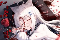 ahoge animal_ear_fluff animal_ears blood blood_on_bed blood_on_clothes blood_on_face blood_on_hands blood_on_mouth blood_on_pillow blush cat_ears cat_girl cat_tail commentary_request corpse dying execution female flower furrowed_brow guro hair_ornament hairclip hand_on_own_face highres linjia_kaidi on_bed original parallel_hairclips pill pillow red_flower red_rose rose ryona tail variant_set white_hair white_tail