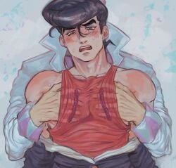 2boys 2d blue_eyes blue_hair blue_jacket chest diamond_is_unbreakable earrings imminent_sex incest jacket_partially_removed jojo's_bizarre_adventure josuke_higashikata jotaro_kujo looking_down male male/male male_focus male_only older older_dom_younger_sub older_male older_male_and_younger_male open_mouth pompadour red_shirt rimmybone sweat sweatdrop sweating tank_top teen teenage_male teenager touching_chest uncle_and_nephew yaoi younger_male zipper