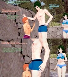 2boys 3d abs bikini bulge bulge_in_face english_text female giant_male green_hair koikatsu muscular muscular_male oc orange_hair original original_character riviera_pequena shrinking shrunken_male size_difference stepsister swimsuit text underwear xavier_huge xavierhuge