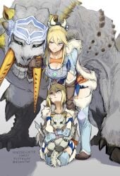 age_progression avinia_(monster_hunter) ayuria barioth big_ass big_breasts blonde_hair blue_eyes breasts cleavage cute dual_persona frostfang highres large_breasts monster_hunter monster_hunter_(series) monster_hunter_stories monster_hunter_stories_2:_wings_of_ruin sfw shishamo_(shisyamo)