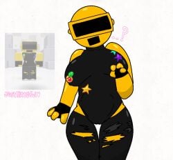 1female 1girls artist_name breasts camel_toe cameltoe clothed clothed_female clothing erect_nipples erect_nipples_under_clothes female female_only fingerless_gloves garnie_(justkittyful) garnold_(sprunki) girl gloves gold_body gold_skin incredibox_mod justkittyful nipple_bulge pants pussy_bulge pussy_outline question_mark reference_image ripped_pants roblox roblox_avatar robloxian self_upload shaded simple_background smily_face solo solo_female sprunki star_sticker stickers stickers_on_body surprised surprised_expression thighs visor watermark white_background
