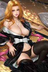 1girls artist_name big_breasts bleach breasts busty chain_necklace chains cleavage clothing colored_nails female female_only female_pubic_hair hakama highres indoors japanese_clothes jewelry katana kimono large_breasts leaning leaning_back legwear light-skinned_female light_skin lipstick long_fingernails long_hair looking_at_viewer lying lying_on_back makeup matsumoto_rangiku mole mole_under_mouth nail_polish necklace neoartcore no_bra obi off_shoulder open_clothes panties pendant pink_lips pinup pubic_hair pussy ribbon scarf shiny shiny_hair shiny_skin skindentation skirt skirt_down solo stockings sunlight sword teasing underwear undressing vagina voluptuous watermark weapon