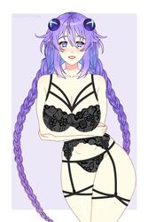 1girls black_lingerie black_panties blue_eyes braid bride cleavage crossed_arms cryptid_crab garter_belt grin large_breasts light_blush lingerie long_hair looking_at_viewer neptune_(neptunia) neptunia_(series) panties purple_hair purple_heart_(neptunia) smile solo solo_female symbol-shaped_pupils thick_thighs twin_braids twintails very_long_hair