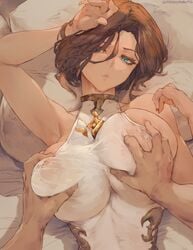 1boy 1girls absurd_res apollonia_vaar arm_up armpits artist_name bed blue_eyes breast_grab breast_squeeze breasts brown_hair covered_nipples cutesexyrobutts female female_only granblue_fantasy hi_res large_breasts lying on_back pov short_hair signature upper_body