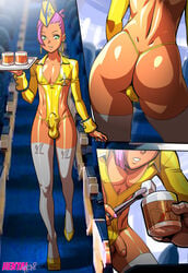 1boy alcohol ass bulge cock-tail dark-skinned_femboy dark-skinned_male dark_skin erection erection_under_clothes exposed_penis femboy feminine_male flight_attendant fly_ladyboys girly gold_heels green_eyes high_heels leotard male male_focus otoko_no_ko penis penis_out penis_slip pink_lips pink_lipstick purple_hair skimpy skimpy_clothes stewardess_uniform tan tan_body tan_skin tekuho thighhighs tied_hair trap wardrobe_malfunction white_thighhighs yellow_high_heels yellow_leotard